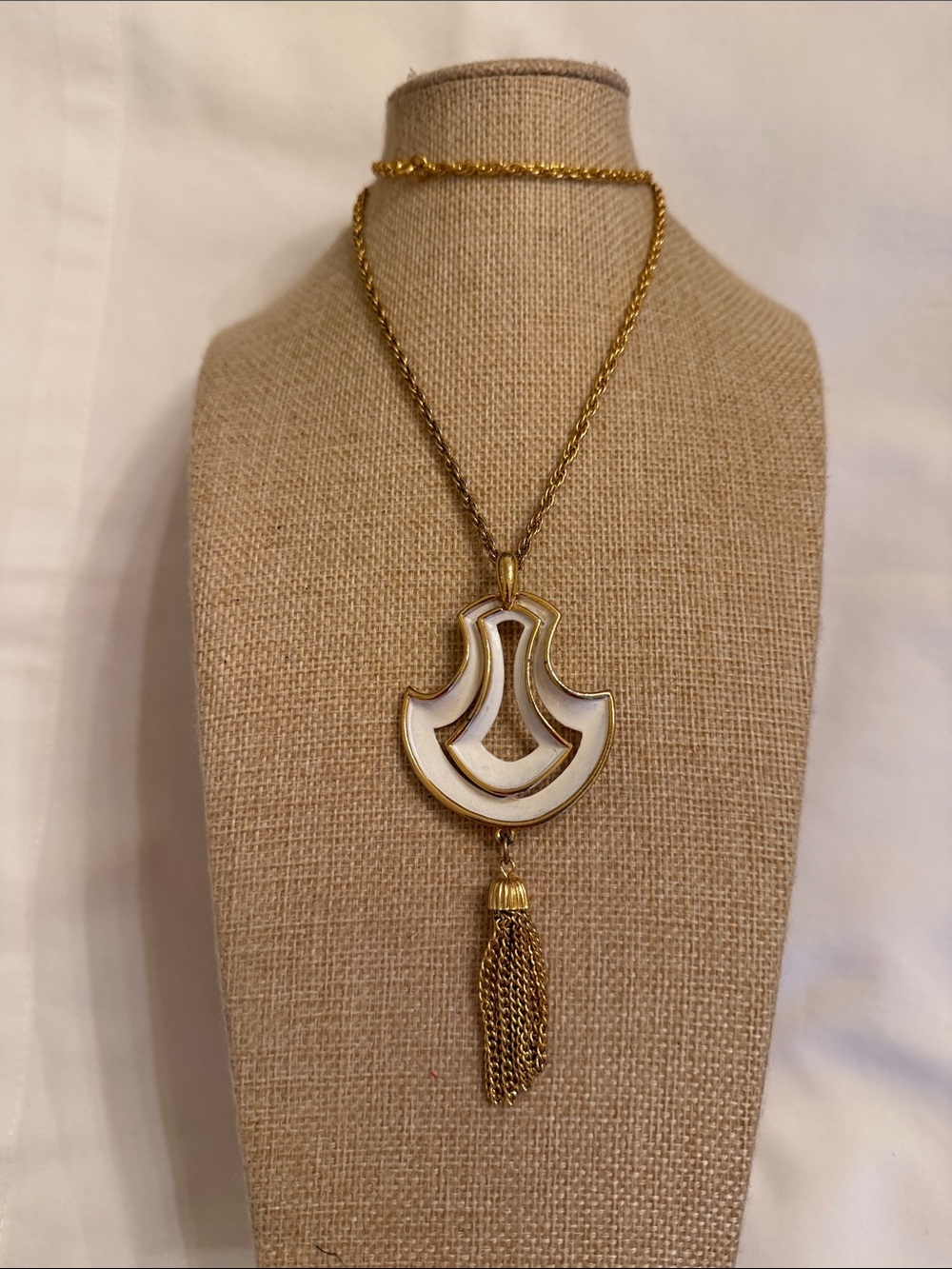 JJ Gold-Tone Vintage White Enamel Pendant Necklace with Tassel